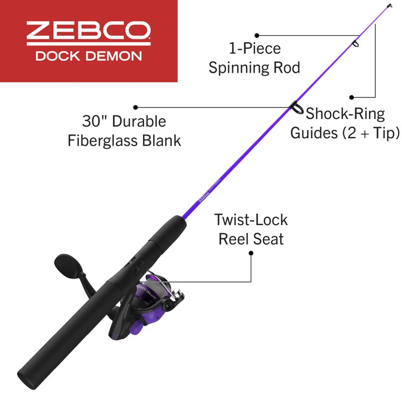 Zebco Dock Demon Spinning Reel and Fishing Rod Combo, 30-inch 1-Piece Fiberglass Fishing Pole, EVA Rod Handle, Size 10 Reel, Powertrain Drag, Pre-Spooled with 6-Pound Zebco Line, Purple - Image 2